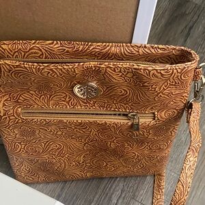 Floral Embossed Tan Crossbody Bag
